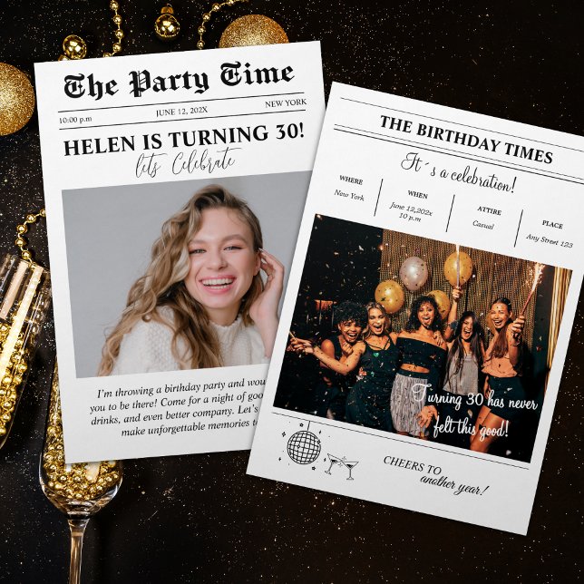 Geburtstags-Zeitungs-Cover Retro-Foto Einladung (Birthday Newspaper Cover Retro Photo Invitation)