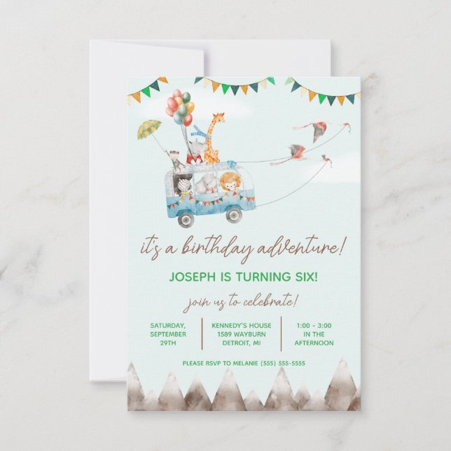 Geburtstagsabenteuer, fliegende Tiere, Geburtstag Einladung (Vorderseite)