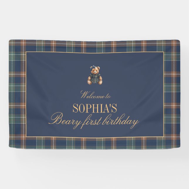 Geburtstagsbanner Navy Plaid Teddybär Mädchen  Banner (Horizontal)