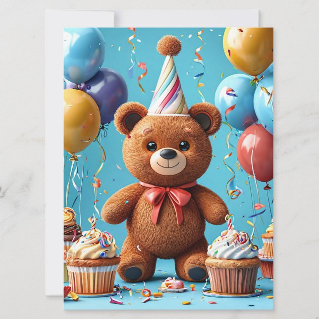 Geburtstagsbär mit Kuchen und Ballons Einladung (Vorderseite)