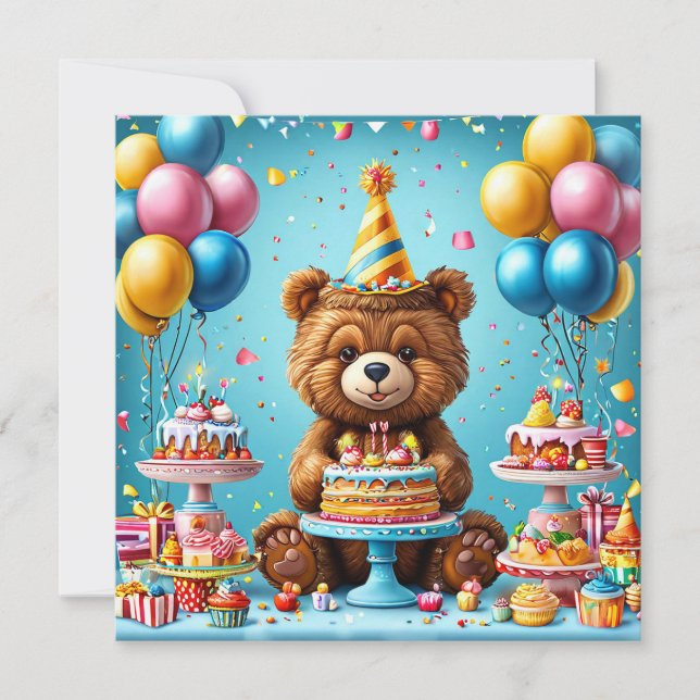 Geburtstagsbär mit Kuchen und Ballons Einladung (Vorderseite)
