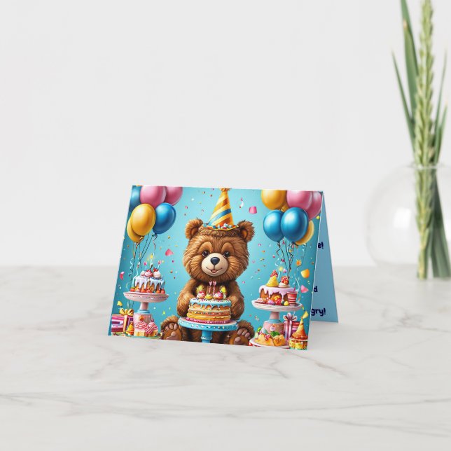 Geburtstagsbär mit Kuchen und Ballons Einladung (Vorderseite)