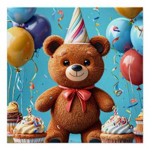 Geburtstagsbär mit Kuchen und Ballons Poster