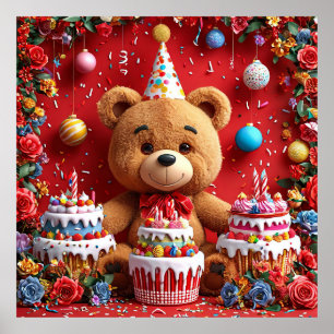 Geburtstagsbär Mit Kuchen Und Luftballons Für Kind Poster