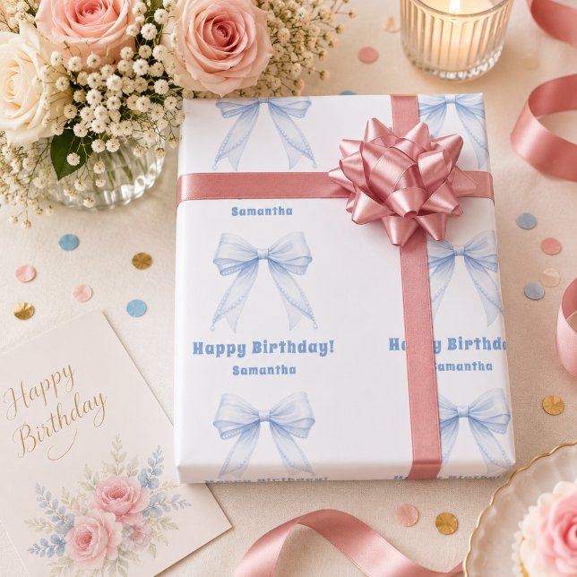 Geburtstagsblaue Schleife weißes Mädchen Geschenkpapier (Von Creator hochgeladen)