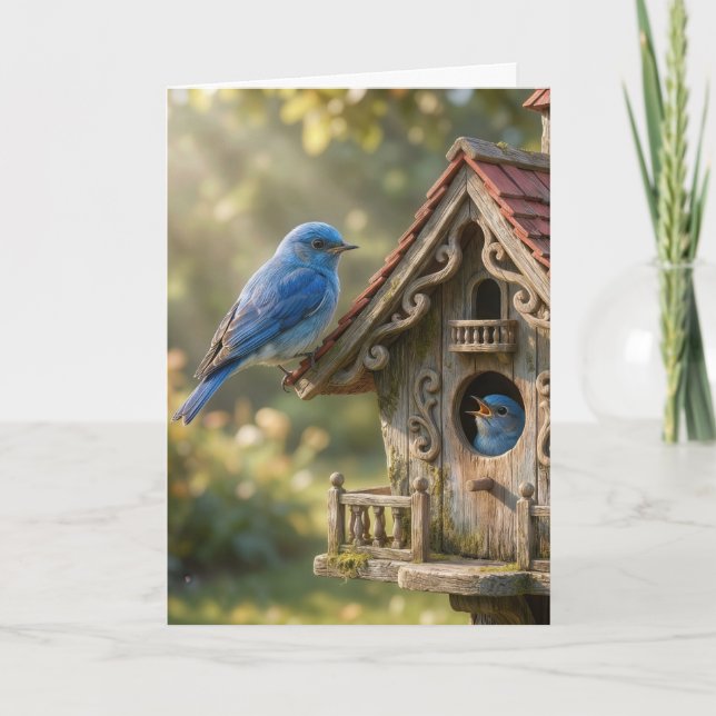 Geburtstagsblaue Vögel mit Vogelhaus Karte (Vorderseite)