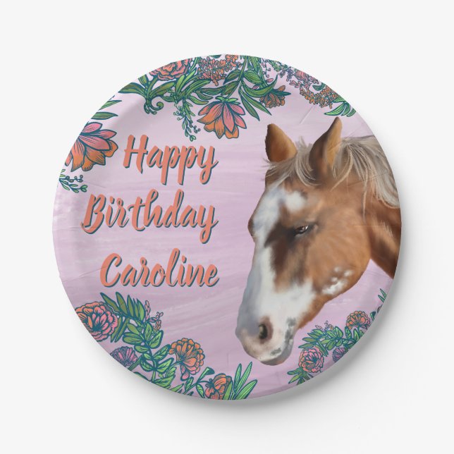 Geburtstagsblumen und Palomino-Pferd  Pappteller (Vorderseite)