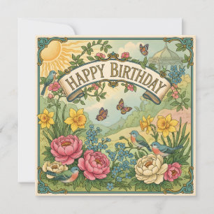 Geburtstagsblumen, Vögel und Schmetterlinge Karte