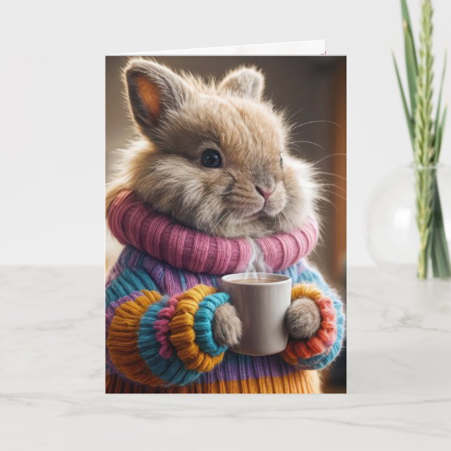 Geburtstagsbunny hält einen Kaffeecup Karte (Vorderseite)
