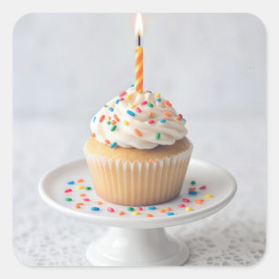 Geburtstagscupcake mit Kerze Quadratischer Aufkleber
