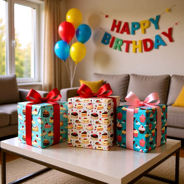 Geburtstagsdesserts Set von 3 Geschenkpapier Set (Sweet Cupcake & Cake Birthday Dessert Gift Wrapping Paper Sheets)