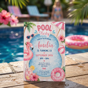 Geburtstagseinladung Mädchen Poolparty rosa Streif Einladung