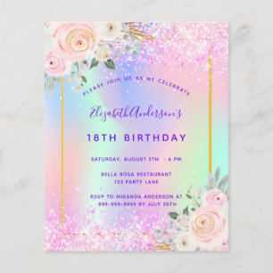 Geburtstagseinladung mit rosa lila Glitter-Blumenm Flyer