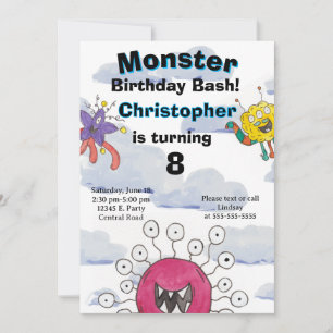 Geburtstagseinladung zur Monster-Party in den Wolk Einladung
