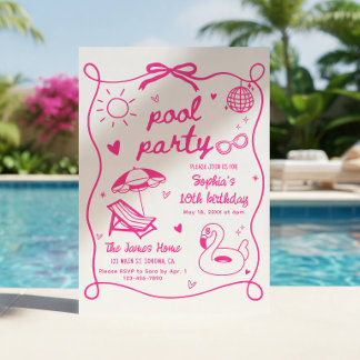 Geburtstagseinladung zur rosa Poolparty, handgezei Einladung