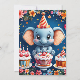 Geburtstagselefant mit Kuchen und Ballons Einladung