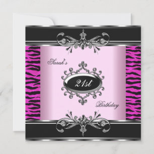 Geburtstagsfeier 21. Zebra Schwarz Weiß Pink Silbe Einladung