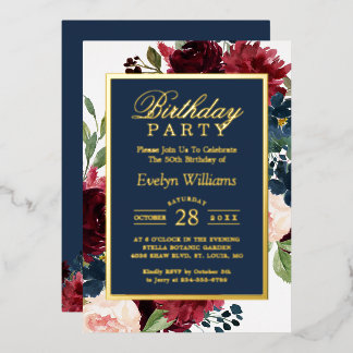 Geburtstagsfeier | Burgund Navy Floral Real Gold Folieneinladung