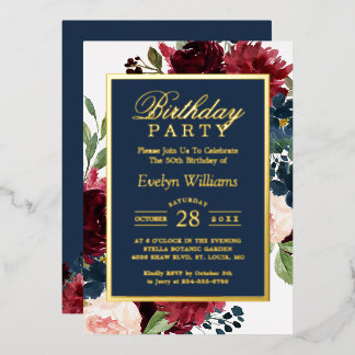 Geburtstagsfeier | Burgunder Navy Floral Echtgold Folieneinladung