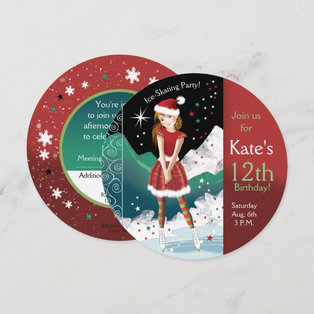 Geburtstagsfeier des Ice-Skaten-Mädchens Einladung (Vorne/Hinten)