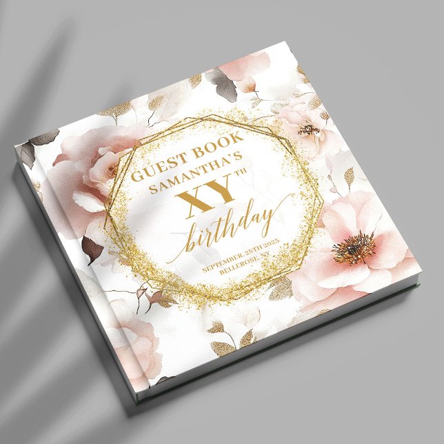 Geburtstagsfeier des weiblich-rosa Elfenbeingold Gästebuch (Feminine dusty pink ivory gold birthday event Guest Book)