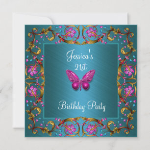 Geburtstagsfeier Floral Teal Blau Rosa Schmetterli Einladung