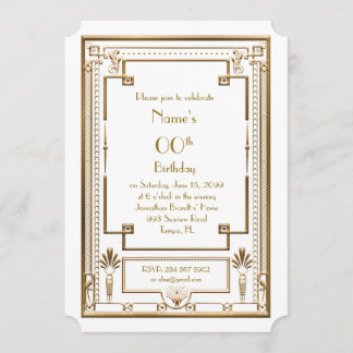 Geburtstagsfeier, Gatsby, Gold, Weiß Einladung