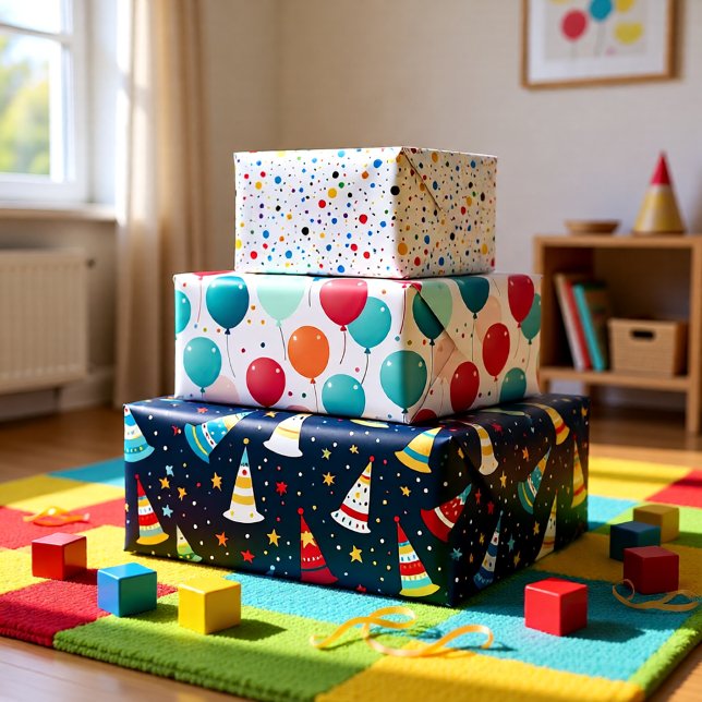 Geburtstagsfeier Geschenkpapier Set (Festive Balloon & Confetti Birthday Gift Wrapping Paper Sheets)