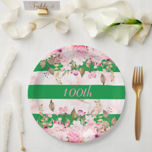 Geburtstagsfeier Grüner rosa Streifen Floral Pappteller