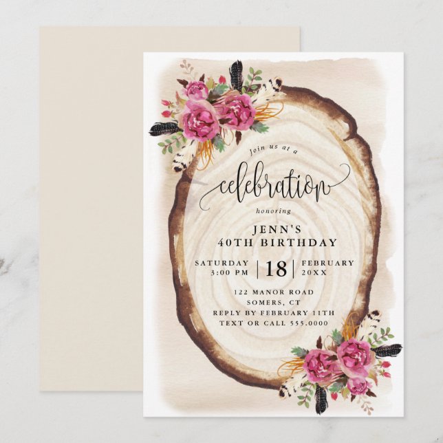 Geburtstagsfeier, Holzschnitt Rosa Blütenbraun Einladung (Vorne/Hinten)