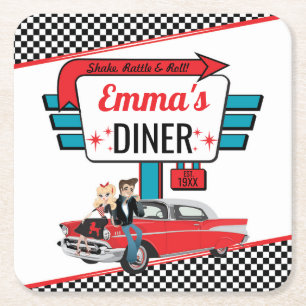 Geburtstagsfeier im Retro-Diner-Stil der 1950er Ja Rechteckiger Pappuntersetzer