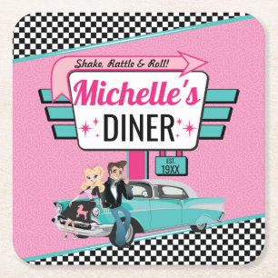 Geburtstagsfeier im Retro-Diner-Stil der 1950er Ja Rechteckiger Pappuntersetzer