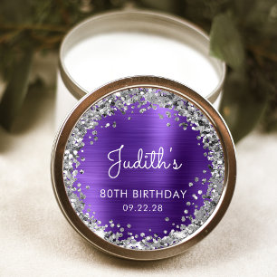 Geburtstagsfeier Lila Silber Glitter Personalisier Runder Aufkleber