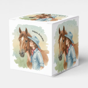 Geburtstagsfeier mit blauem Cowboy, der ein Pferd Geschenkschachtel
