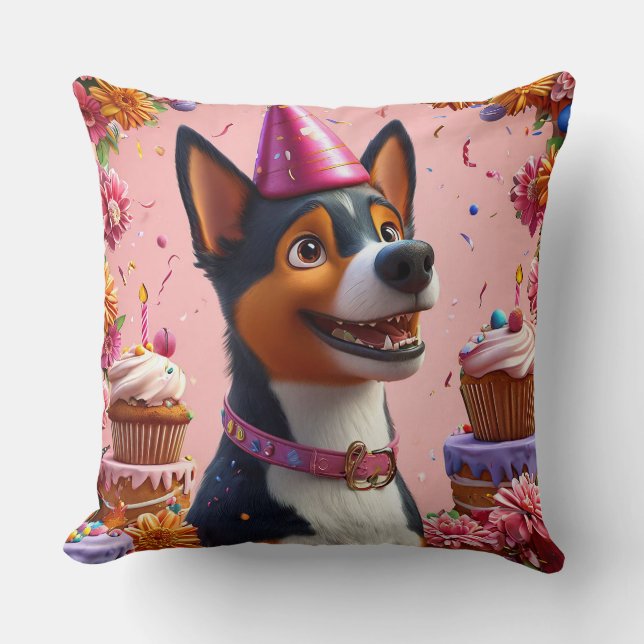 Geburtstagsfeier mit glücklichem Hund Kissen (Vorderseite)