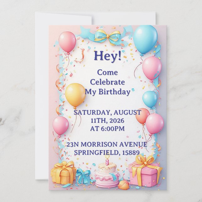 Geburtstagsfeier mit Luftballons Einladung (Vorderseite)