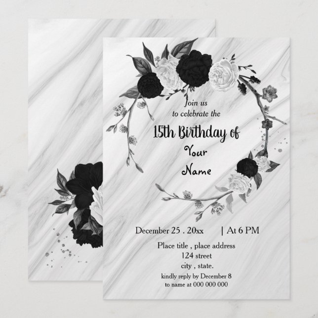 Geburtstagsfeier mit Schwarz-Weiß-Blumenkranz Einladung (Vorne/Hinten)