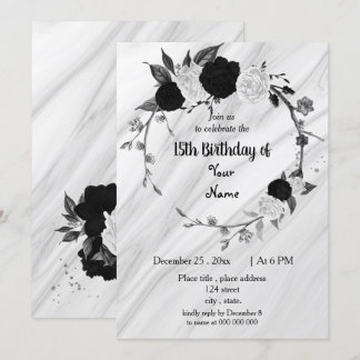 Geburtstagsfeier mit Schwarz-Weiß-Blumenkranz Einladung