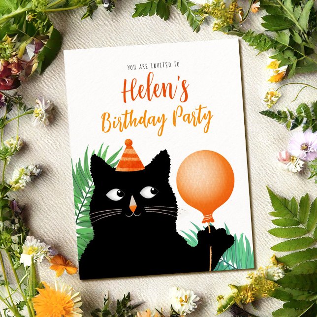 Geburtstagsfeier mit schwarzer Katze einladen Postkarte (Von Creator hochgeladen)
