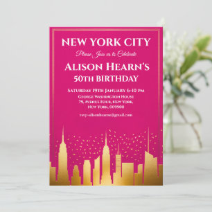 Geburtstagsfeier New Yorker Skyline Pink & Gold Einladung