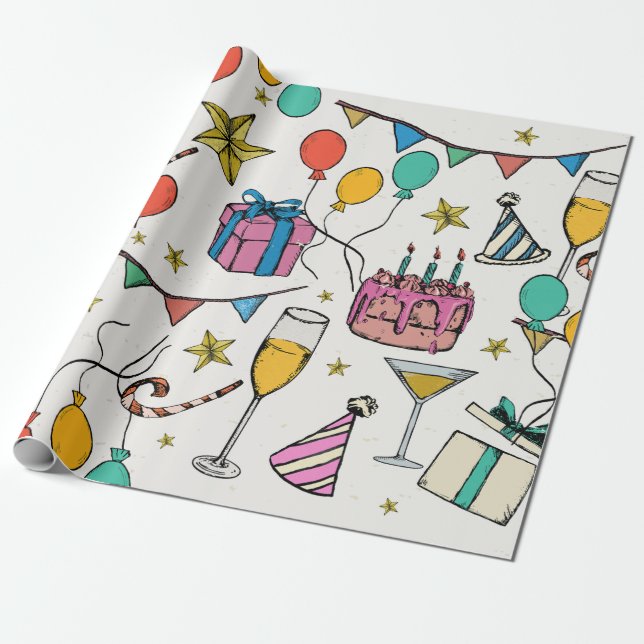 Geburtstagsfeier Party Ballons Kuchen Champagner Geschenkpapier (Ungerollt)
