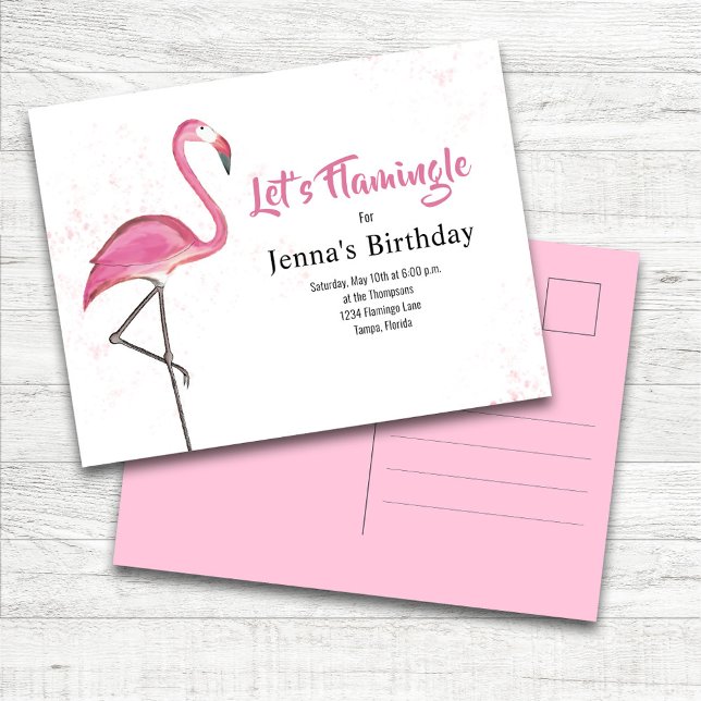 Geburtstagsfeier Rosa Flamingo Benutzerdefiniert Postkarte (Pink Flamingo "Let's Flamingle" Birthday Party Invitation Postcard Template.)