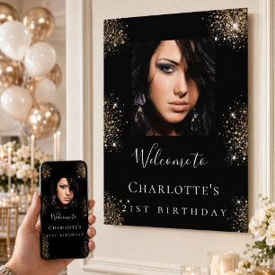 Geburtstagsfeier Schwarz Gold Glitter-Foto-Willkom Poster