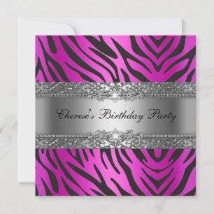 Geburtstagsfeier Zebra Diamant Schwarz Heißrosa Einladung