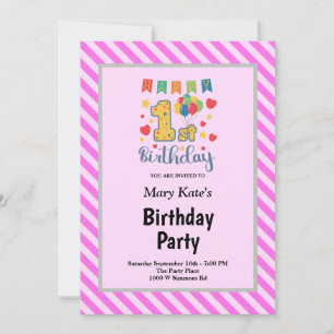 Geburtstagsfeier zum 1. Geburtstag mit rosa Streif Einladung