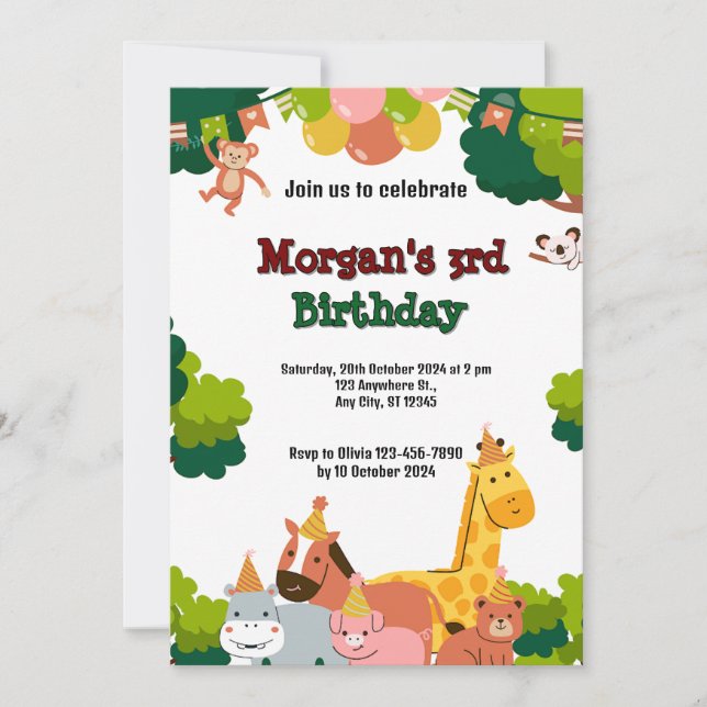 Geburtstagsfeier zum Thema Wildtiere Einladung (Vorderseite)