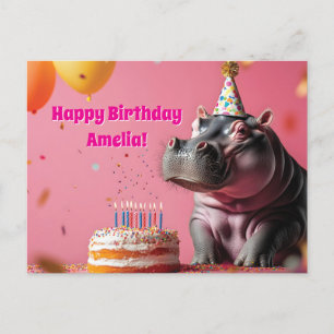 Geburtstagsflusspferd mit Kuchen und Luftballons Postkarte