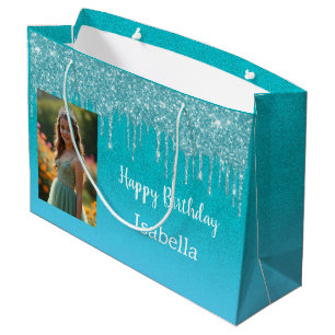 Geburtstagsfoto mit türkisfarbenen blauen Glittert Große Geschenktüte