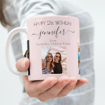 Geburtstagsfreunde erröten Fotos Kaffeetasse<br><div class="desc">Ein Geschenk von Freunden für den 21. Geburtstag einer Frau, die ihr Leben mit 3 Fotos von ihr, ihren Freunden, ihrer Familie, ihrem Interesse oder ihren Haustieren feiert. Personalisieren und fügen Sie ihren Namen, Alter 21 und Ihre Namen. Schwarze Buchstaben. Ein gürtlicher, feminininer, rosa, goldfarbener Hintergrund mit Rose. Ihr Name...</div>