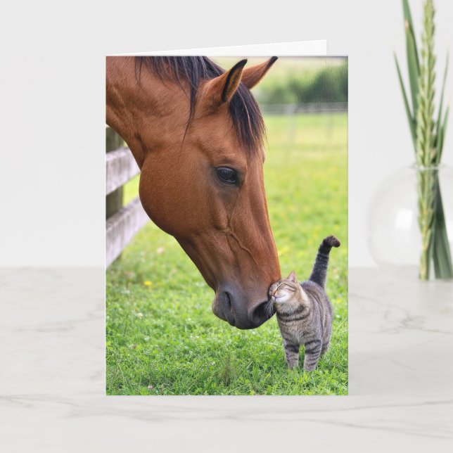 Geburtstagsfreunde Pferd mit getigerter Katze Karte (Vorderseite)